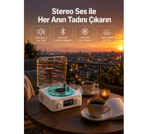 3-1 Kablosuz Bluetooth Hoparlör – Gece Lambalı, Saatli, Retro Tasarım