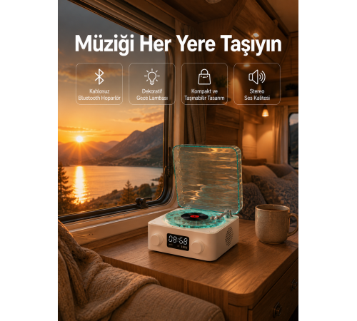 Retro Tasarımlı Gece Lambalı Bluetooth Hoparlör – Saat ve Pil Göstergeli