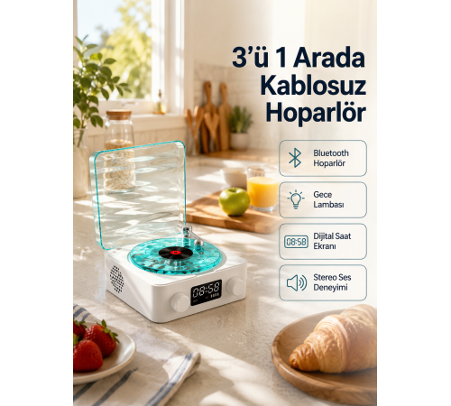 Bluetooth Hoparlör – 3-ü-1 Saatli Gece Lambası ve Vintage Tasarım
