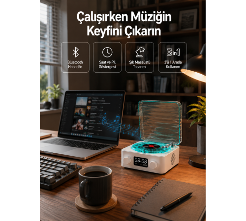 Dekoratif Gece Işıklı Bluetooth Hoparlör – Zaman ve Pil Ekranlı