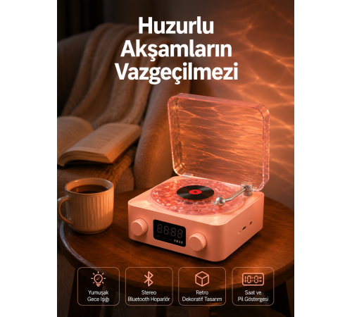 Vintage Tarz Bluetooth Hoparlör – Gece Işığı ve Zaman Göstergeli Yeni Nesil