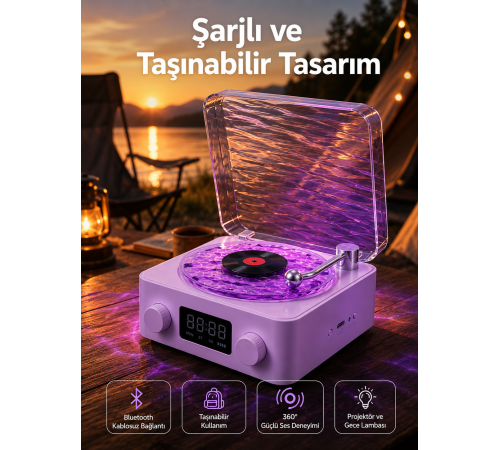 360° Sesli Kablosuz Hoparlör – Retro Tasarım ve Projektör Işığı
