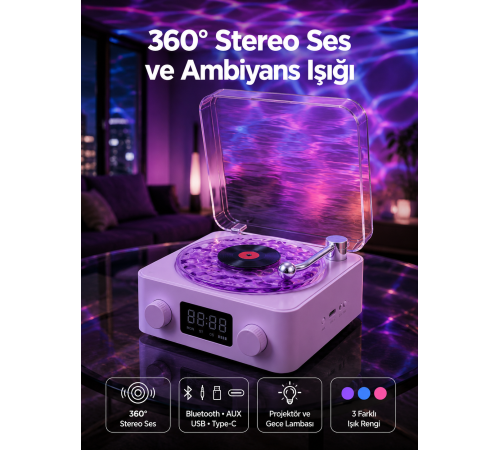 Retro Pikap Tasarımlı Bluetooth Hoparlör – Projektörlü Şarjlı Lamba