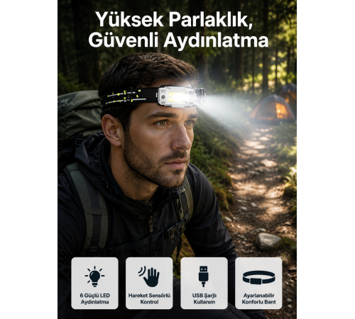 Yüksek Işıklı Şarjlı ve Sensörlü LED Kafa Lambası Kamp Lambası