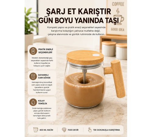 USB Şarjlı Akıllı Karıştırıcı Kupa – Isıtma Altlıklı, IP6 Su Geçirmez Yeni Nesil