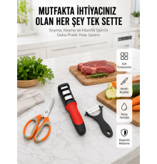 Profesyonel Mutfak Makas Seti – Kesim Makası + Soyacak + Bileyici Yeni Nesil