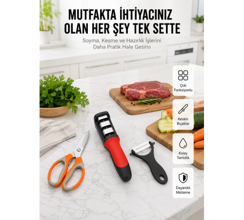 Profesyonel Mutfak Makas Seti – Kesim Makası + Soyacak + Bileyici Yeni Nesil
