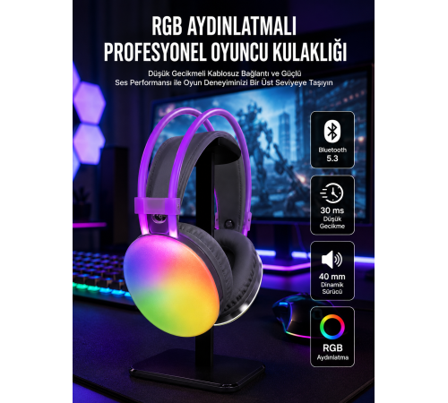 RGB Işıklı Yüksek Ses Kaliteli Kablosuz Kulak Üstü Bluetooth Kulaklık