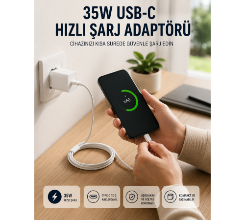 Type-C to C Kablolu 35W Hızlı Şarj Başlığı Set