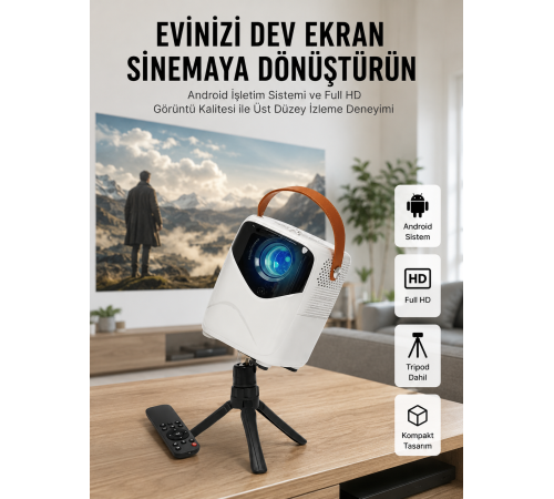 HD Ayaklı Portatif Projeksiyon Cihazı Bluetooth Wifi Akıllı Android İşlemcili