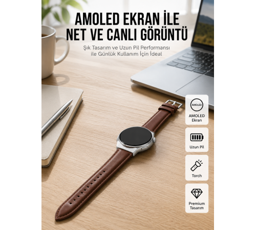 Torch Özellikli AMOLED Ekranlı Akıllı Saat Uzun Pil Yeni Nesil