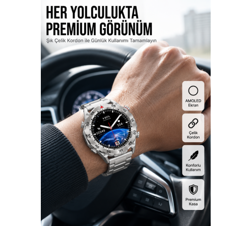 Akıllı Saat Çelik Kordonlu Amoled Ekran Android ve İOS Uyumlu Çağrı Cevaplayabilen Yeni Nesil