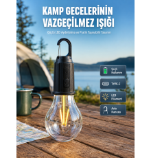 Şarjlı Aydınlatma Ampul Tasarımlı Ambians Işık Askılı Kamp Lambası