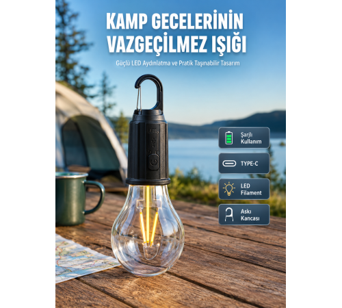 Şarjlı Aydınlatma Ampul Tasarımlı Ambians Işık Askılı Kamp Lambası