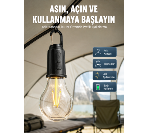 Taşınabilir Şarjlı Led Ampul Askılı Lamba Kamp Bahçe Lambası