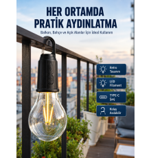 Şarjlı Dekoratif Kamp Lambası Askılı Ampul Led Işık Type-C Girişli