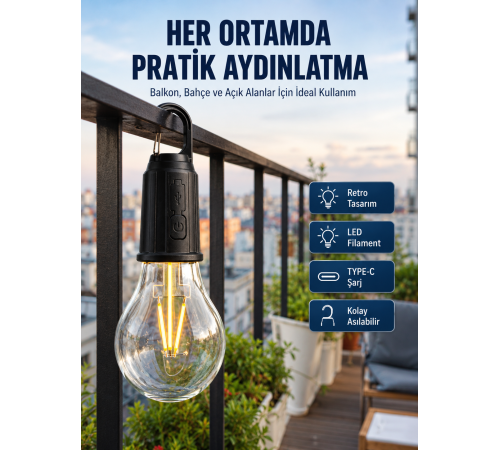 Şarjlı Dekoratif Kamp Lambası Askılı Ampul Led Işık Type-C Girişli