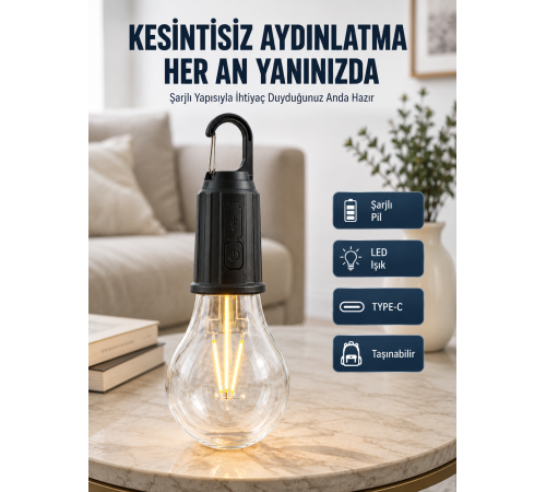 3 Farklı Mod LED'li Şarjlı Asma Kancalı Kamp Lambası Taşınabilir Ampul