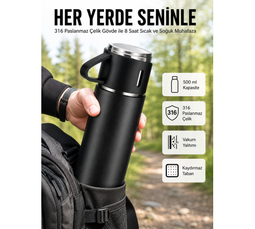 Termos Seti 3'lü Bardak Seti Isı Dayanıklı Siyah Paslanmaz Çelik Vakumlu