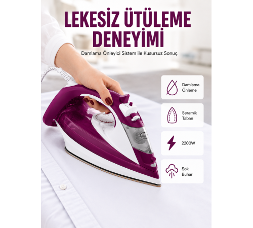 Yeni Nesil Kırmızı Buharlı Ütü 2200 Watt Seramik Tabanlı Yüksek Buhar Gücü Yeni Nesil