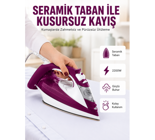 Buharlı Kablolu Ütü 2200 Watt Kireçlenme Önleyici Şok Buharlı Yeni Nesil