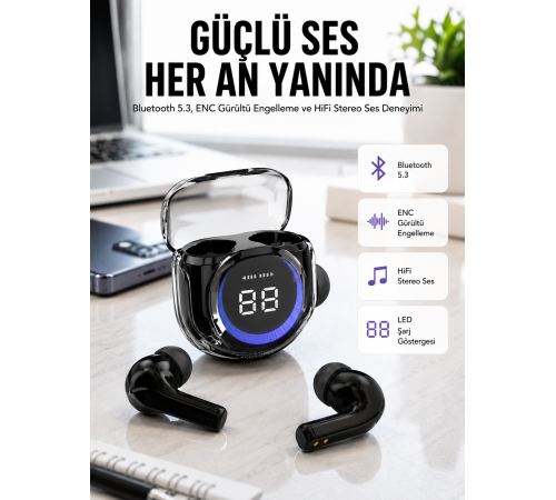 Kablosuz Dijital Göstergeli Powerbanklı IOS ve Android Uyumlu Kulaklık