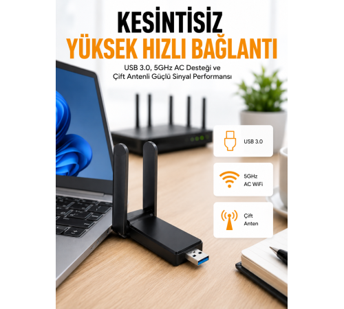 Mbps Wifi Alıcı Kablosuz Wifi Adaptörü Çift Band Çift Antenli Yeni Nesil