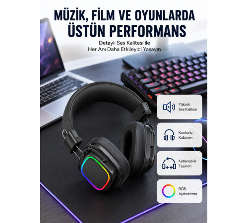 RGB Işıklı Katlanabilir Bluetooth 5.3 Kulak Üstü Kulaklık