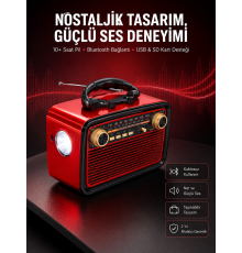 Nostaljik Görünümlü Ahşap Radyo TF SD USB Girişli Led Fener Işıklı