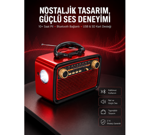 Nostaljik Görünümlü Ahşap Radyo TF SD USB Girişli Led Fener Işıklı