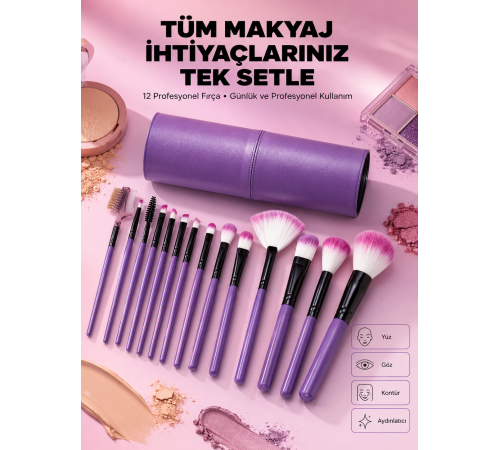 12 Parça Yumuşak Kıllı Makyaj Fırçası Seti Yüz ve Göz Makyajına Uygun Profesyonel Kullanım
