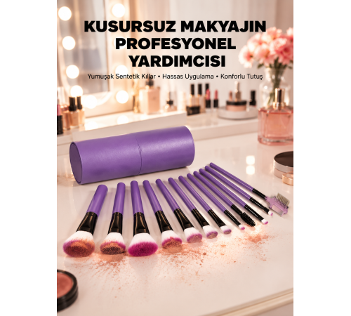 Ergonomik Saplı Fiber Kıllı 12'li Makyaj Fırça Takımı Göz ve Ten Makyajı İçin Uygun