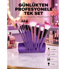 Fondöten, Allık ve Far Uygulamalarına Uygun 12 Parça Makyaj Fırça Takımı Ergonomik Saplı