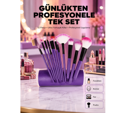 Fondöten, Allık ve Far Uygulamalarına Uygun 12 Parça Makyaj Fırça Takımı Ergonomik Saplı
