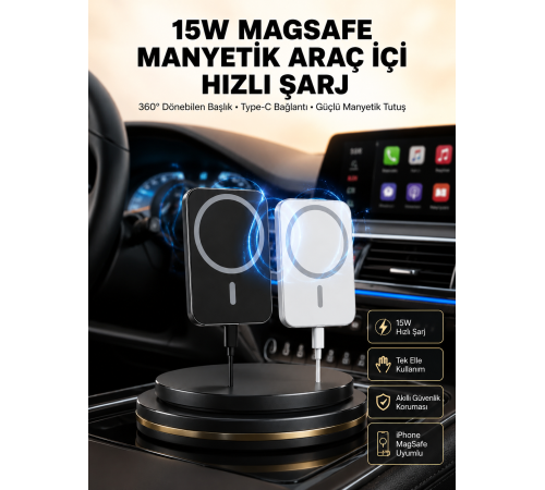 15W Kablosuz Şarj Destekli MagSafe Araç Tutucu Havalandırma Klipsli