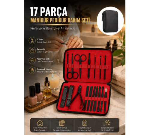 Paslanmaz Çelik 17 Parça Manikür Pedikür Seti ve Taşınabilir Şık Çanta