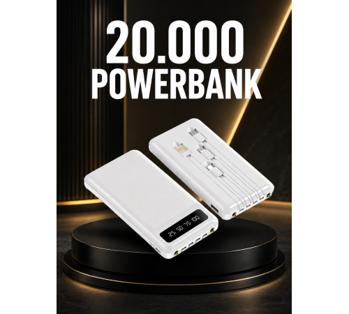 20.000mAh PD Powerbank LED Işık LCD Ekran Dahili Kablo Çoklu Giriş Yeni Nesil