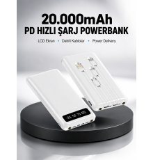 LED Işıklı 20.000mAh Powerbank LCD Gösterge Dahili Çoklu Kablo Yeni Nesil