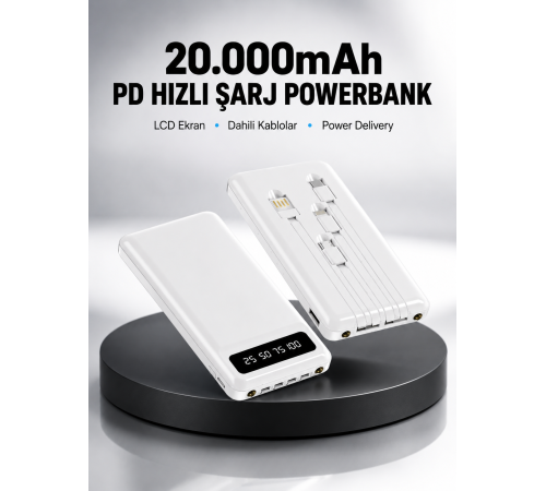 LED Işıklı 20.000mAh Powerbank LCD Gösterge Dahili Çoklu Kablo Yeni Nesil