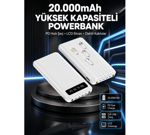 Akıllı LCD Ekranlı 20.000mAh Powerbank PD + USB + Type-C Yeni Nesil