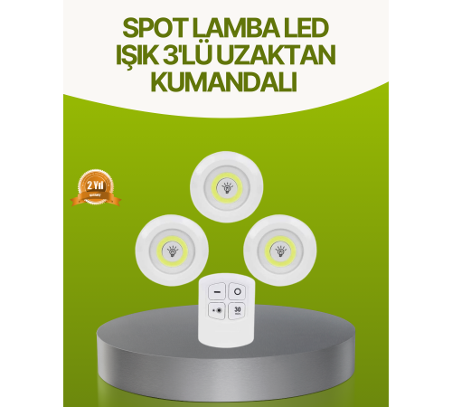 Uzaktan Kumandalı 3 Lü Kablosuz Led Spot Lamba Seti Yapışkanlı Pratik Kullanım