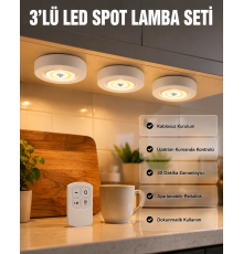 Kablosuz 3 Lü Spot Led Lamba Seti Uzaktan Kumandalı Enerji Tasarruflu Aydınlatma
