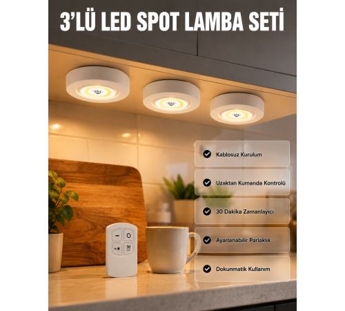 Kablosuz 3 Lü Spot Led Lamba Seti Uzaktan Kumandalı Enerji Tasarruflu Aydınlatma