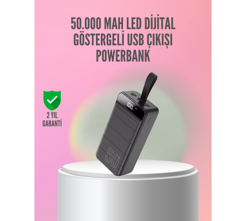 50.000 mAh Ultra Güçlü Powerbank 4 USB Çıkışlı, LED Dijital Göstergeli, Hızlı Şarj Destekli Taşınabilir Şarj Cihazı