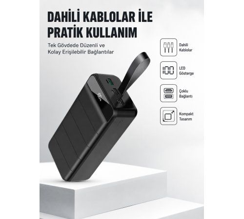 50.000 mAh Kapasiteli Powerbank – Hızlı Şarj Destekli, 4 USB Portlu, LED Işıklı Taşınabilir Enerji Deposu