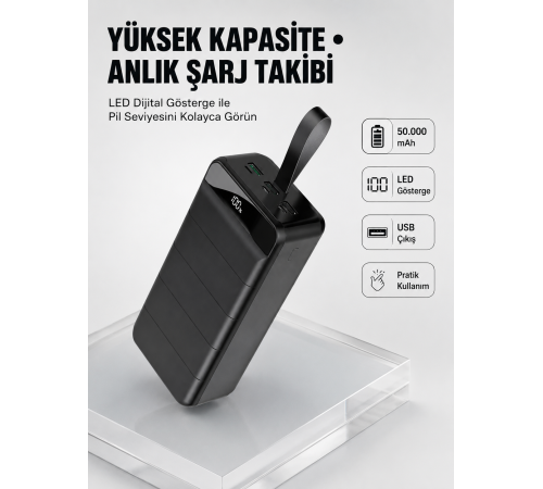 Tüm Cihazlarla Uyumlu 50.000 mAh Powerbank – Yüksek Kapasiteli, LED Gösterge ve Akıllı Koruma Fonksiyonlu