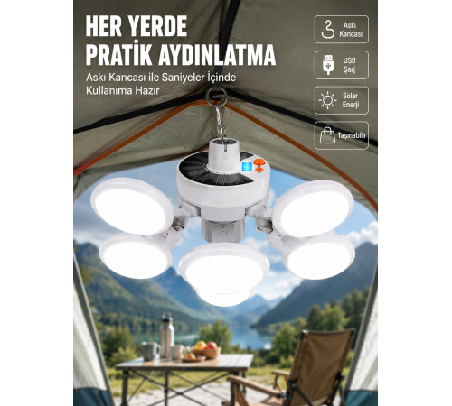 USB ve Solar Şarjlı Katlanabilir 5 Taraflı LED Lamba