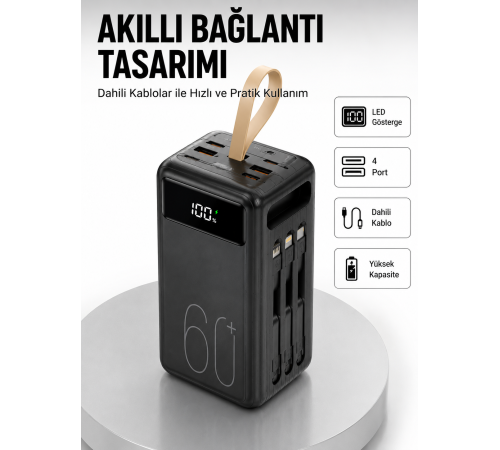 Tüm Cihazlarla Uyumlu LED Fenerli 4 Çıkışlı Powerbank Yeni Nesil