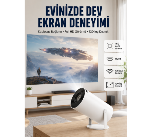 4K Uyumlu 130 İnç Full HD Projeksiyon Cihazı ve Kablosuz Aktarım Özelliği