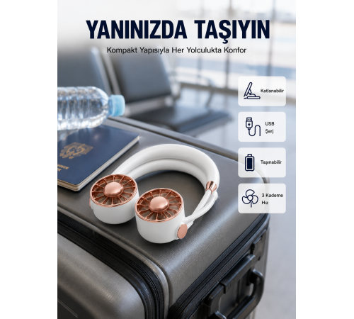 USB Şarjlı Katlanabilir Mini Boyun Fanı 1–3 Saat Kullanım